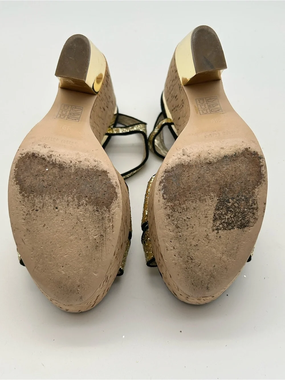 Miu Miu Gold Glitter Cork Platform Wedge Sandals size 39